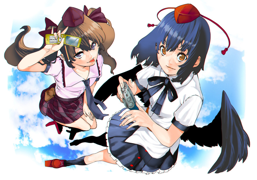 2girls absurdres aka_shiro_kiiro arm_up bangs black_legwear black_neckwear black_ribbon blue_hair blue_skirt blue_sky bow brown_hair camera cellphone chromatic_aberration clouds day flat_chest frilled_skirt frills full_body geta hair_bow hands_up happy hat highres himekaidou_hatate holding holding_cellphone holding_phone jpeg_artifacts kneehighs knees_together_feet_apart lips long_hair looking_at_viewer miniskirt multiple_girls neck_ribbon necktie open_mouth orange_eyes outdoors phone pink_shirt plaid plaid_skirt pouch purple_bow purple_headwear purple_skirt red_footwear red_headwear ribbon shameimaru_aya shiny shiny_hair shirt shoes short_hair short_sleeves skirt sky smile teeth tengu-geta tied_hair tokin_hat tongue tongue_out touhou twintails violet_eyes white_shirt wings