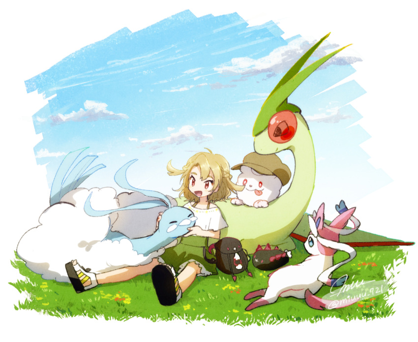 1girl :3 altaria artist_name backpack bag bangs black_eyes blonde_hair blue_sclera blue_sky blush blush_stickers character_request closed_mouth clouds day dragon flat_chest flower flygon frilled_skirt frills full_body gen_3_pokemon gen_6_pokemon gen_7_pokemon grass green_skirt happy light_blush looking_at_another miniskirt miu_(miuuu_721) open_mouth outdoors pokemon pokemon_(creature) pyukumuku red_eyes red_flower red_sclera sandals shiny shiny_hair shirt short_hair short_sleeves signature sitting skirt sky smile swirlix sylveon tongue tongue_out twitter_username white_eyes white_shirt yellow_flower