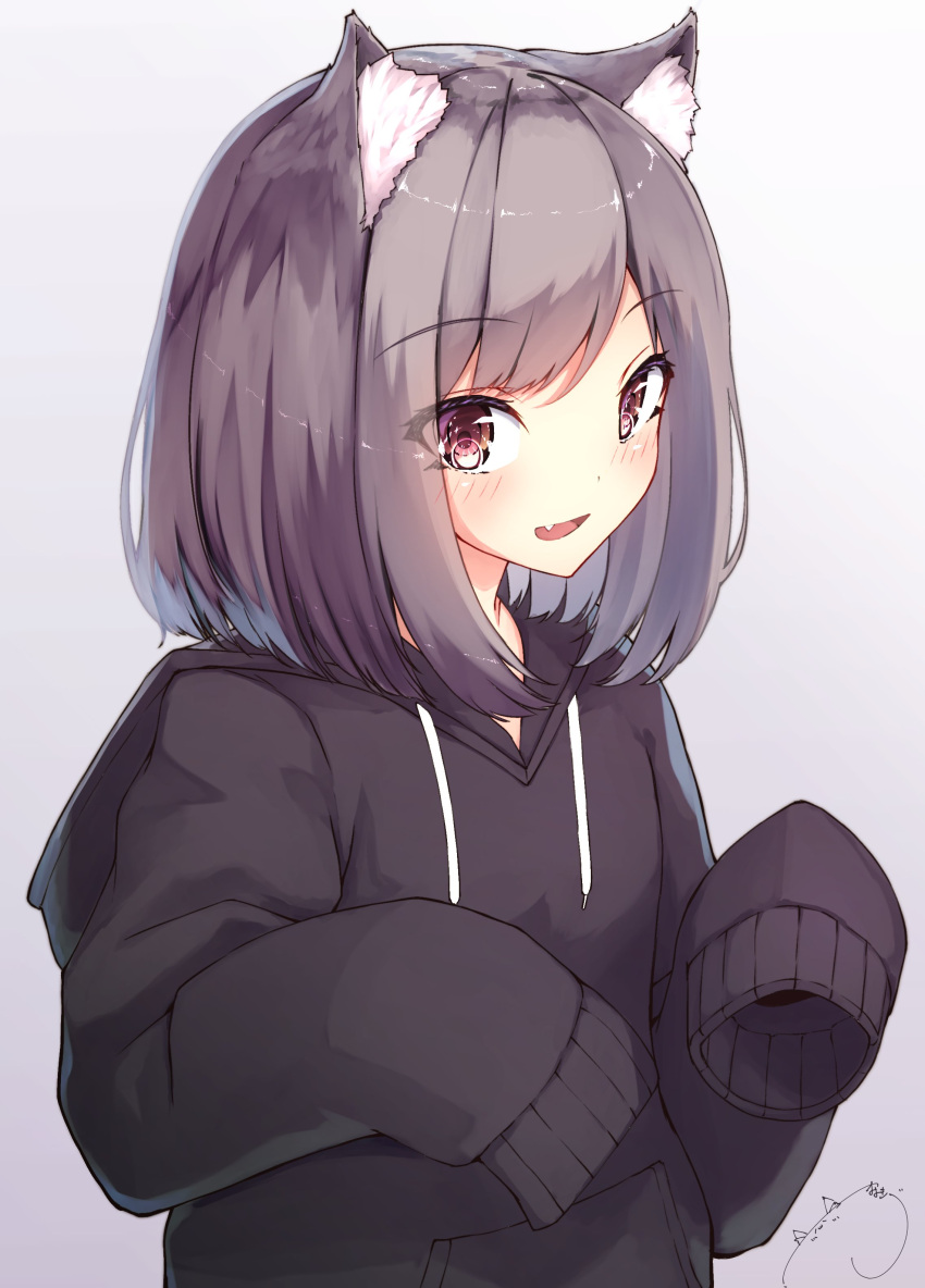 1girl :d absurdres animal_ear_fluff animal_ears bangs blush bob_cut commentary_request eyebrows_visible_through_hair fang fox fox_ears fox_girl highres hood hoodie long_sleeves looking_at_viewer mayogii medium_hair open_mouth original oversized_clothes simple_background sleeves_past_fingers sleeves_past_wrists smile solo standing sweater white_background