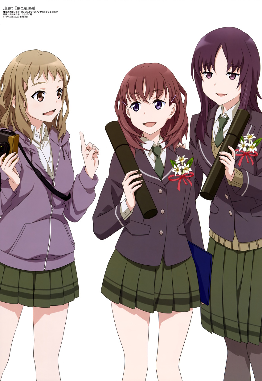 3girls :d absurdres bangs bare_legs black_jacket breasts brown_hair brown_sweater brown_vest camera collared_shirt crossed_bangs eyebrows_visible_through_hair fingernails flower flower_request green_neckwear green_skirt grey_legwear hair_ornament hairclip hand_on_another's_shoulder highres holding holding_camera holding_notebook index_finger_raised jacket just_because! komiya_ena large_breasts light_brown_eyes light_brown_hair looking_at_another magazine_scan medium_breasts medium_hair megami miniskirt mole mole_under_eye morikawa_hazuki multiple_girls nail_polish natsume_mio necktie object_request official_art open_mouth pantyhose pigeon-toed pink_eyes pink_jacket pink_nails pleated_skirt purple_hair red_ribbon ribbon scan school_uniform shikibu_miyoko shiny shiny_hair shirt simple_background skirt smile standing sweater sweater_vest thigh-highs tongue vest violet_eyes white_background white_flower white_shirt