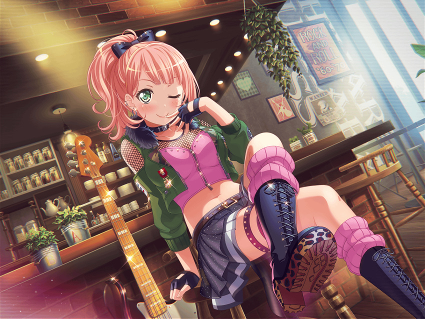 1girl bang_dream! bass_guitar black_bow blush dress gloves green_eyes green_jacket lights long_hair looking_at_viewer official_art pink_hair plant shelf sitting smile solo sunlight table uehara_himari wink