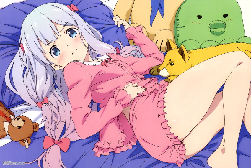 1girl absurdres annoyed ass bare_legs bed_sheet black_eyes blue_eyes blue_neckwear blue_pillow blush bow breasts collar detached_collar ear_tag eromanga_sensei eyebrows_visible_through_hair gradient_hair hair_bow highres izumi_sagiri lavender_hair long_hair looking_at_viewer lying magazine_scan megami multicolored_hair nakano_hayato neckerchief necktie official_art on_back on_bed pajamas pillow pink_bow pink_ribbon pink_shirt pink_shorts red_neckwear ribbon scan shiny shiny_skin shirt short_shorts shorts silver_hair small_breasts solo stuffed_animal stuffed_dog stuffed_toy teddy_bear two-tone_hair wavy_mouth white_collar