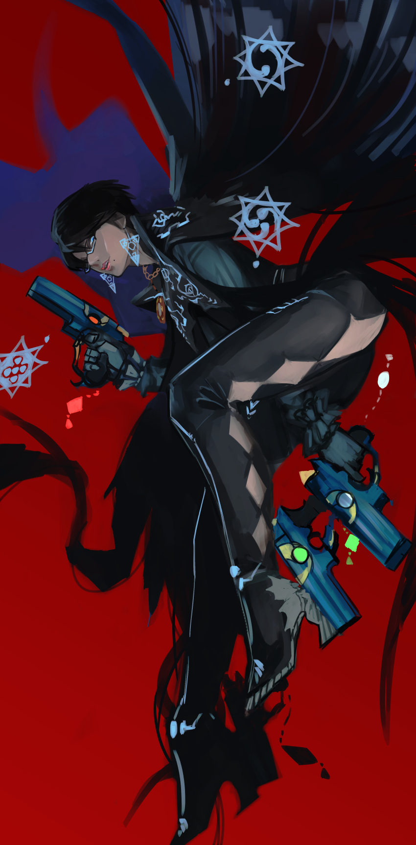 1girl absurdres alternate_hair_length alternate_hairstyle amulet ankle_gun ass bayonetta bayonetta_(character) bayonetta_2 black_hair bodysuit candy cleavage_cutout earrings eyeshadow food glasses gun handgun highres jewelry lips lipstick lollipop looking_at_viewer makeup mole mole_under_mouth quadruple_wielding simple_background solo super_smash_bros. uedrk_yamato weapon