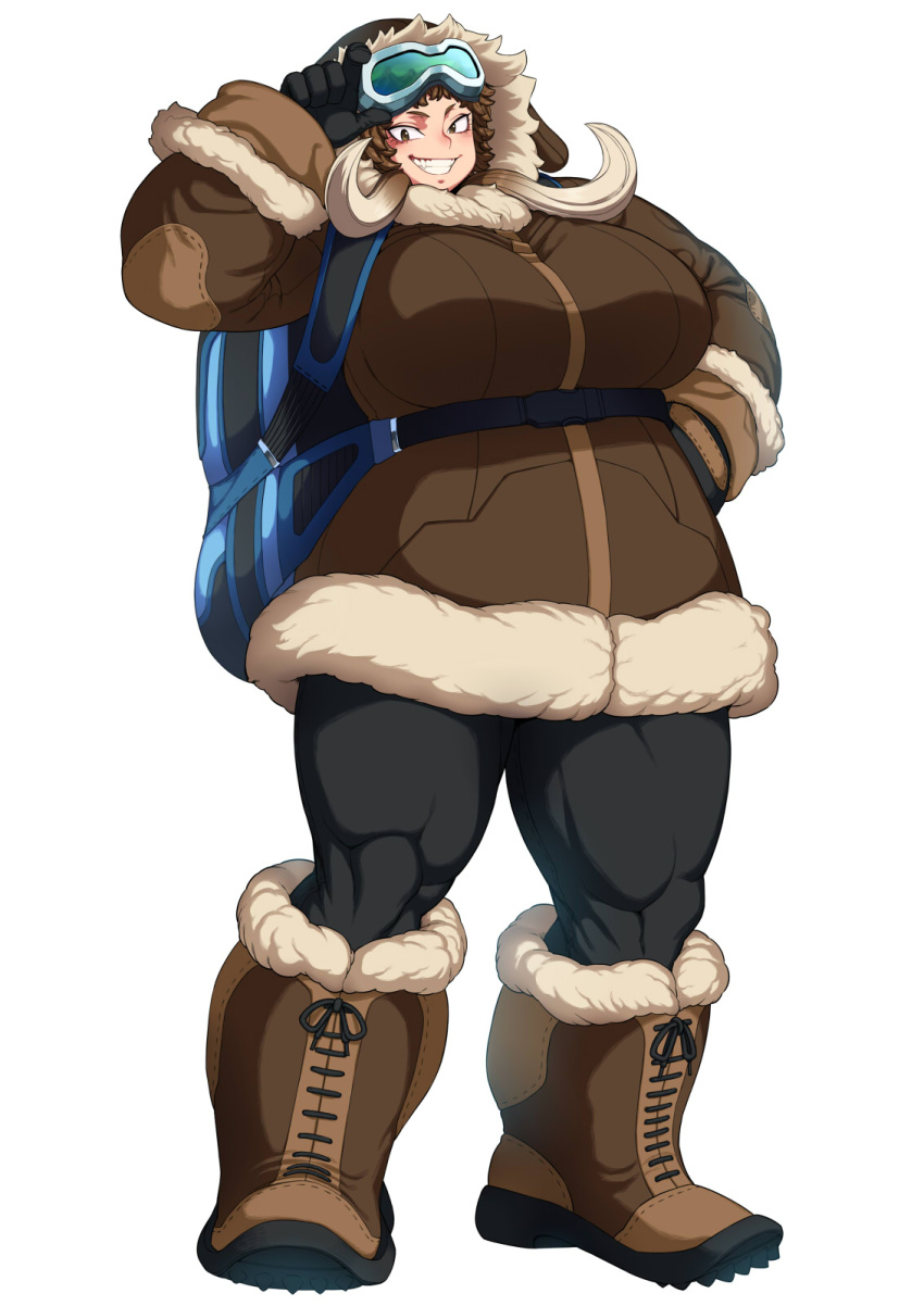 1girl adjusting_eyewear black_gloves black_legwear blue_backpack boots breasts brown_hair brown_jacket chinese_zodiac commentary_request full_body fur_trim gloves goggles goggles_on_head hand_on_hip hand_up highres hood jacket large_breasts long_sleeves mamoswine muscle personification plump pokemon short_hair smile solo space_jin standing teeth tiny_head white_background year_of_the_pig
