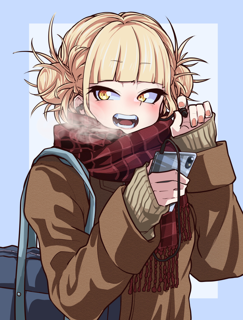 1girl absurdres bag bangs blonde_hair blunt_bangs blush boku_no_hero_academia breath cellphone coat commentary_request double_bun earphones eyebrows_visible_through_hair fangs highres holding holding_earphone huge_filesize jipponwazaari looking_to_the_side open_mouth phone scarf shoulder_bag simple_background smartphone steam toga_himiko yellow_eyes