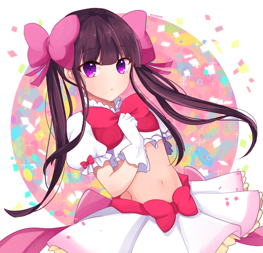 1girl :o blend_s bow bowtie brown_hair eyebrows_visible_through_hair floating_hair gloves hair_bow highres long_hair looking_at_viewer midriff miniskirt navel pink_bow red_bow red_neckwear sakuranomiya_maika short_sleeves skirt solo stomach ttvillage03 twintails violet_eyes white_gloves white_skirt