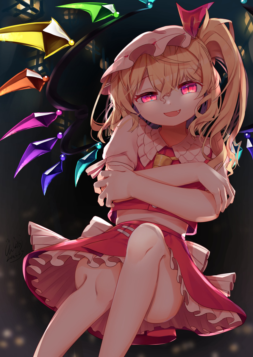 1girl absurdres blonde_hair blurry blurry_background convenient_leg cravat crossed_arms crystal dated depth_of_field eyebrows_visible_through_hair fang feet_out_of_frame flandre_scarlet floating glowing glowing_eyes gunjou_row hair_between_eyes hat hat_ribbon head_tilt highres knee_up leg_lift midriff mob_cap night open_mouth outdoors petticoat pink_headwear pink_shirt puffy_short_sleeves puffy_sleeves red_eyes red_skirt red_vest ribbon shirt short_hair short_sleeves side_ponytail signature sitting skirt skirt_set slit_pupils solo touhou vest wings yellow_neckwear