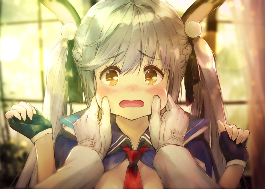 1girl animal_ear_fluff animal_ears azur_lane bangs black_bow black_gloves blurry blurry_background blush bow brown_eyes cheek_pinching commentary_request curtains day depth_of_field ek_masato essex_(azur_lane) eyebrows_visible_through_hair fingerless_gloves fingernails gloves grey_hair hair_between_eyes hair_bow hands_up indoors long_hair long_sleeves nose_blush open_mouth out_of_frame pinching pov rabbit_ears red_neckwear solo_focus twintails upper_body white_gloves window