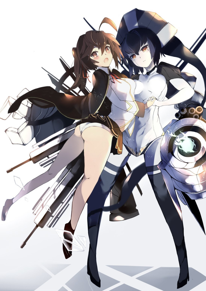 2girls :o ahoge ass bangs black_footwear black_hair black_legwear blazblue blush breasts brown_cape brown_eyes brown_hair brown_skirt cape celica_a_mercury collared_shirt commentary_request eyebrows_visible_through_hair hair_between_eyes hair_ribbon hat head_tilt high_heels highres holding_hands interlocked_fingers leotard medium_breasts minerva_(blazblue) miniskirt multiple_girls neck_ribbon open_mouth panties pigeon-toed pleated_skirt red_ribbon ribbon shirt shoes side_ponytail skirt standing thigh-highs underwear venomrobo white_background white_leotard white_panties white_shirt