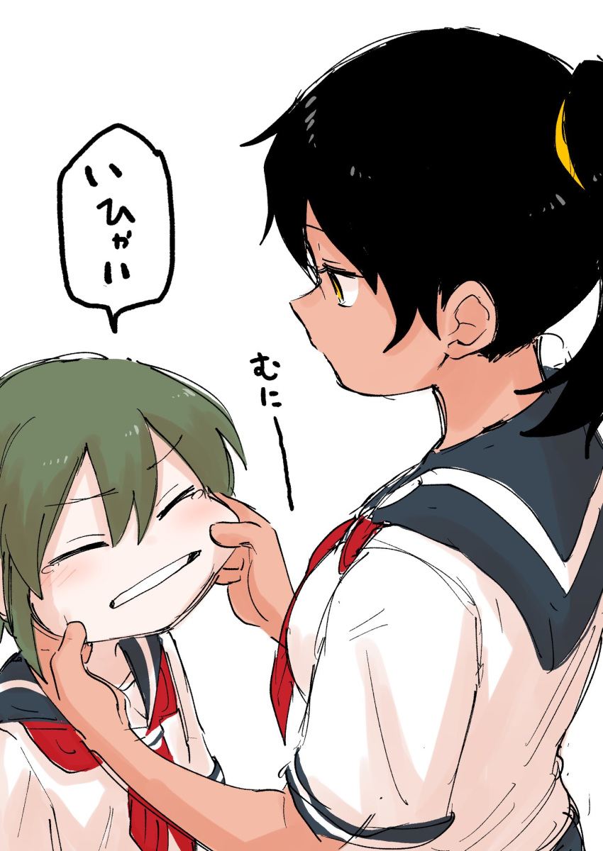 2girls black_hair cheek_pinching closed_eyes commentary eyebrows_visible_through_hair green_hair high_ponytail highres igarashi_futaba_(shiromanta) kurobe_natsumi_(shiromanta) medium_hair multiple_girls neckerchief open_mouth pinching ponytail sailor_collar school_uniform senpai_ga_uzai_kouhai_no_hanashi serafuku shiromanta short_hair translated yellow_eyes younger