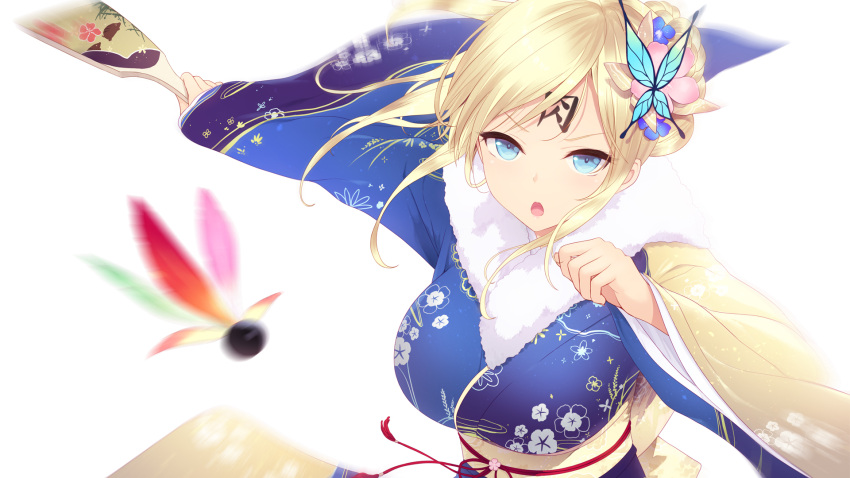 1girl aqua_eyes bangs blonde_hair blue_eyes blue_kimono blush boku_wa_tomodachi_ga_sukunai breasts bug butterfly butterfly_hair_ornament cait commentary facepaint floral_print flower fur_collar hagoita hair_flower hair_ornament hair_up hand_up hanetsuki highres holding insect japanese_clothes kashiwazaki_sena kimono large_breasts long_hair looking_at_viewer motion_blur obi open_mouth paddle sash shuttlecock sidelocks simple_background solo translated white_background wide_sleeves