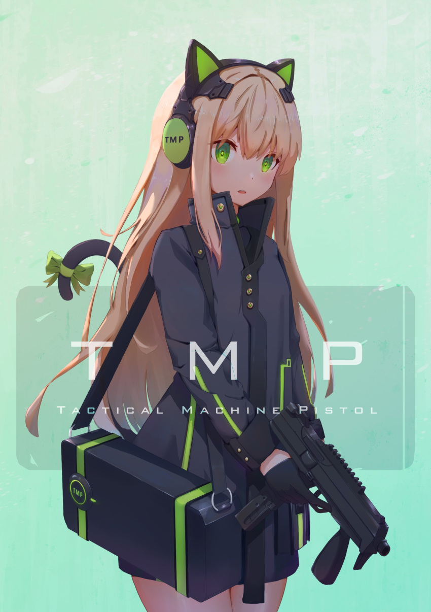 1girl absurdres animal_ears bangs black_jacket blush bow cat_ear_headphones cat_ears cat_tail commentary_request eyebrows_visible_through_hair girls_frontline gloves green_eyes gun hair_between_eyes headphones highres holding holding_gun holding_weapon jacket light_brown_hair long_hair long_sleeves object_namesake solo standing steyr_tmp submachine_gun tail tail_bow tmp_(girls_frontline) twtnw weapon