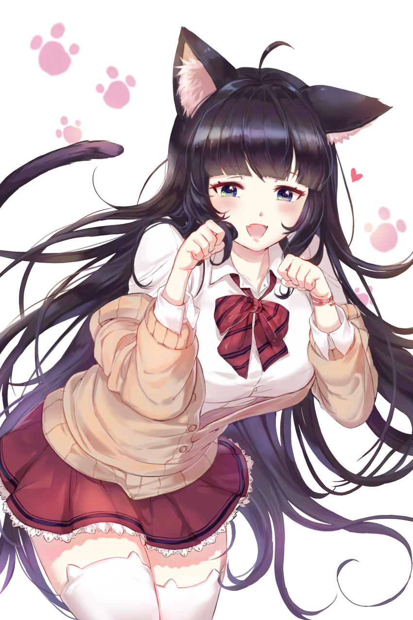 1girl absurdres ahoge animal_band_legwear animal_ears bangs black_hair blue_eyes blunt_bangs blush bow bowtie breasts cat_band_legwear cat_ears cat_tail collarbone commentary_request cowboy_shot eyebrows_visible_through_hair fangs frilled_skirt frills hands_up happy heart highres large_breasts leaning_forward long_hair long_sleeves looking_at_viewer miniskirt off_shoulder open_mouth original oso_5425 paw_pose paw_print red_neckwear red_skirt shiny shiny_hair shirt simple_background skirt smile solo standing striped striped_neckwear sweater tail thigh-highs very_long_hair white_background white_legwear white_shirt yellow_sweater zettai_ryouiki