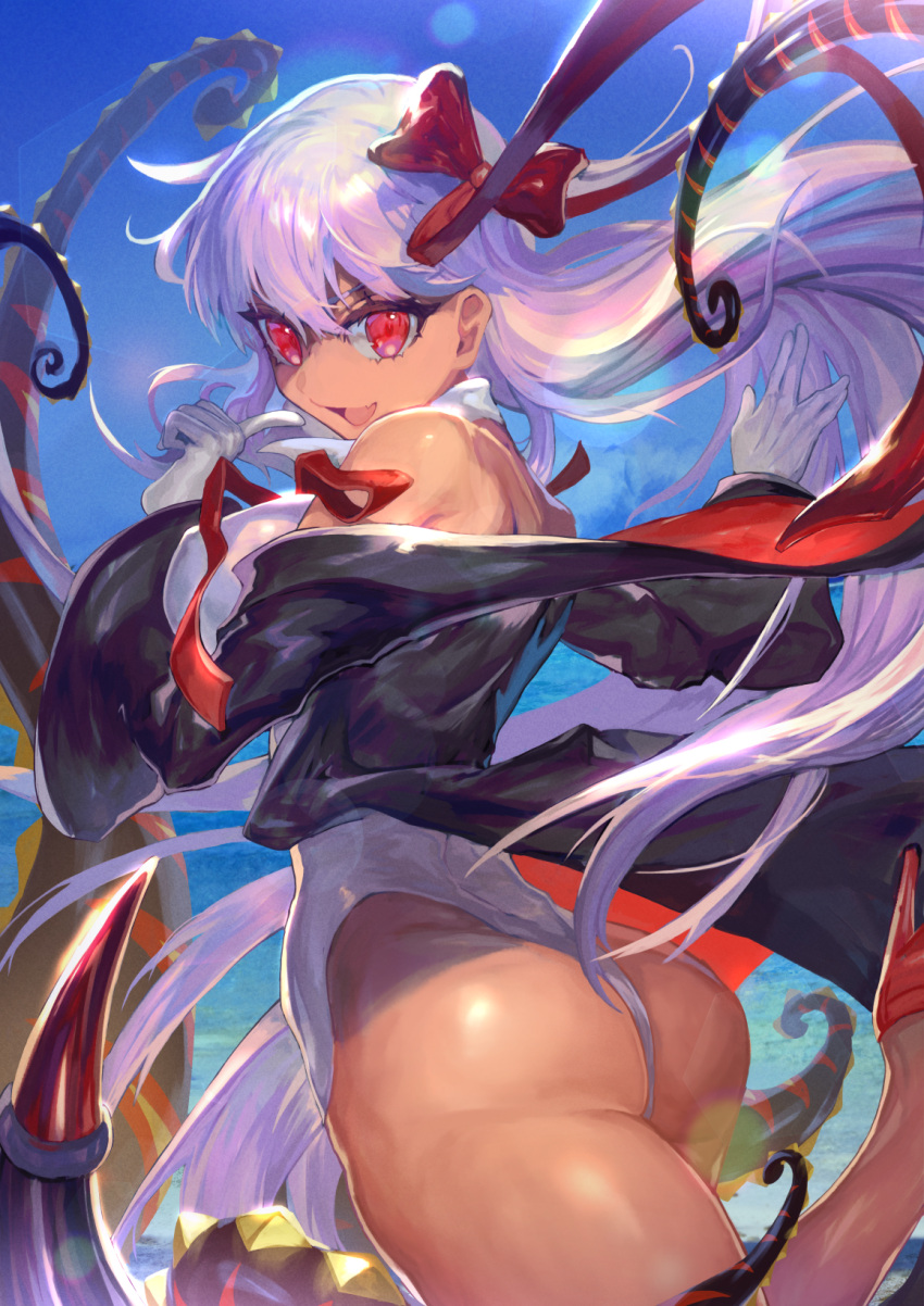 1girl ass bangs bare_shoulders bb_(fate)_(all) bb_(swimsuit_mooncancer)_(fate) black_jacket bow commentary cowboy_shot dark_skin day fang fate/grand_order fate_(series) from_behind gloves hair_between_eyes hair_bow high_heels highres jacket jacket_removed leg_up leotard long_hair looking_at_viewer looking_back nijimaarc ocean open_mouth outdoors purple_hair red_bow red_eyes red_footwear skin_fang smile solo standing standing_on_one_leg very_long_hair violet_eyes white_gloves white_leotard