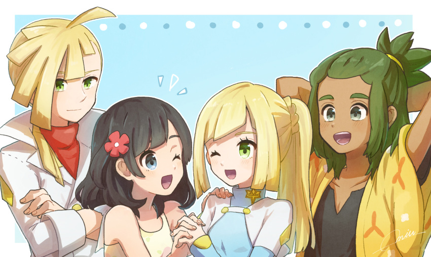 2boys 2girls ahoge arms_behind_head arms_up artist_name bangs bare_shoulders black_hair black_shirt blonde_hair blue_background blue_shirt blush border braid closed_mouth collarbone crossed_arms eye_contact floral_print flower french_braid gladio_(pokemon) green_eyes green_hair hair_flower hair_ornament hair_tie hand_on_another's_shoulder hand_up hands_up happy hau_(pokemon) highres holding_hands jacket light_blush lillie_(pokemon) long_sleeves looking_at_another miu_(miuuu_721) mizuki_(pokemon) multiple_boys multiple_girls notice_lines older one_eye_closed open_mouth outline pokemon pokemon_(game) pokemon_sm ponytail red_flower red_shirt shirt short_hair short_sleeves signature simple_background sleeveless sleeveless_shirt smile teeth tied_hair topknot upper_body white_border white_jacket white_outline yellow_jacket yellow_shirt
