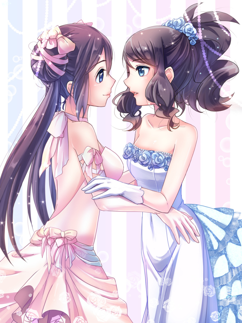 2girls backless_dress backless_outfit blue_eyes blue_flower bow brown_hair collarbone covered_navel double_bun dress elbow_gloves eye_contact eyebrows_visible_through_hair flower gloves hair_bow hair_flower hair_ornament hair_ribbon head_wreath high_ponytail highres long_hair looking_at_another mei_(pokemon) multiple_girls parted_lips pink_bow pink_gloves pink_ribbon pokemon pokemon_(game) pokemon_bw pokemon_bw2 print_dress ribbon sky-sky sleeveless sleeveless_dress strapless strapless_dress striped striped_background touko_(pokemon) twintails very_long_hair wedding_dress white_dress white_gloves yuri