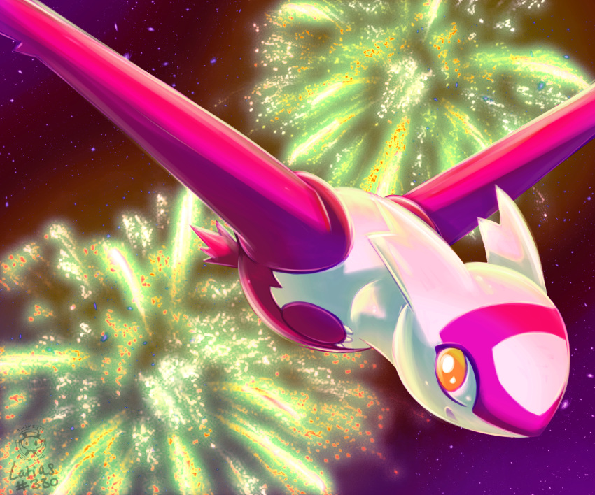 commentary creature english_commentary fireworks flying full_body gen_3_pokemon highres latias legendary_pokemon night night_sky pokemon pokemon_(creature) sky solo star_(sky) starry_sky twime777 yellow_eyes