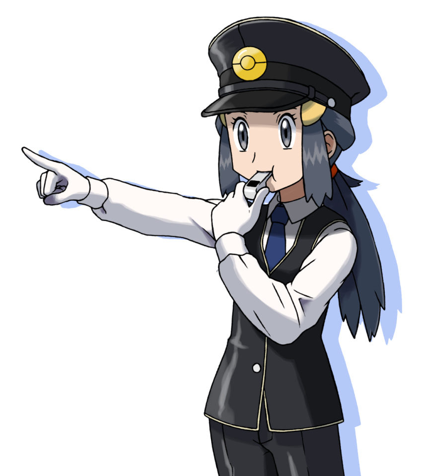 1girl alternate_costume alternate_hairstyle arm_up black_headwear black_pants black_vest blowing_whistle blue_hair blue_neckwear cowboy_shot drop_shadow flat_chest gloves grey_eyes hair_ornament hairclip hand_up hat highres hikari_(pokemon) holding long_hair long_sleeves necktie outstretched_arm pants peaked_cap pointing poke_ball_symbol poke_ball_theme pokemon pokemon_(game) pokemon_dppt ponytail shiny shiny_clothes shiny_hair shirt simple_background solo standing teru_zeta tied_hair vest whistle white_background white_gloves white_shirt