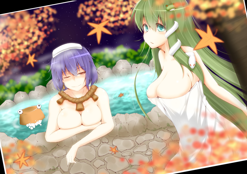 3girls air_bubble bare_shoulders blue_eyes bubble commentary_request covering covering_breasts frog_hair_ornament green_hair hair_ornament highres kochiya_sanae leaf long_hair maple_leaf moriya_suwako multiple_girls naked_towel notya nude one_eye_closed onsen partially_submerged photo_(object) purple_hair pyonta red_eyes rope shimenawa short_hair snake_hair_ornament touhou towel water yasaka_kanako