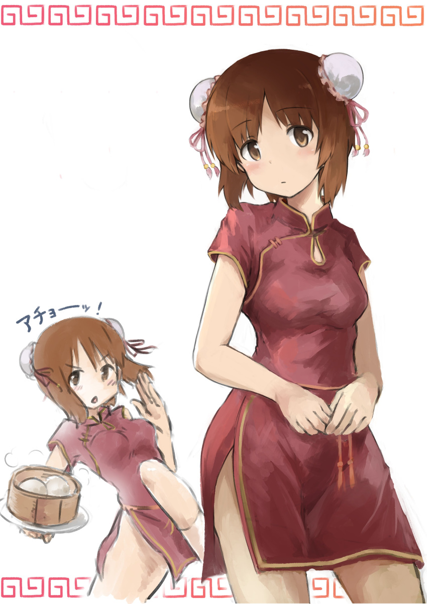 1girl absurdres bangs baozi brown_eyes brown_hair bun_cover china_dress chinese_clothes commentary cowboy_shot double_bun dress ennui_orz eyebrows_visible_through_hair fighting_stance food frown girls_und_panzer head_tilt high_collar highres holding holding_plate leg_up light_blush looking_at_viewer multiple_views nishizumi_miho open_mouth plate red_dress short_hair short_sleeves side_slit solo standing steam white_background