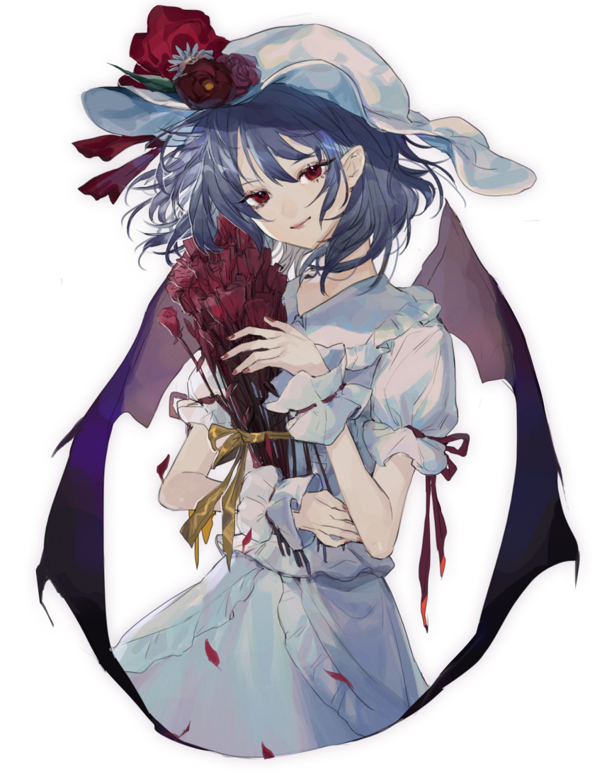 1girl arm_garter bangs bat_wings blue_hair bouquet collar floating_hair flower frilled_collar frills hat hat_flower hat_ribbon highres holding holding_bouquet looking_at_viewer nail_polish petals pointy_ears puffy_short_sleeves puffy_sleeves red_eyes red_flower red_ribbon red_rose remilia_scarlet ribbon rose shirt short_hair short_sleeves sidelocks simple_background skirt skirt_set smirk solo tian_(my_dear) touhou white_background white_shirt white_skirt wings wrist_cuffs yellow_ribbon