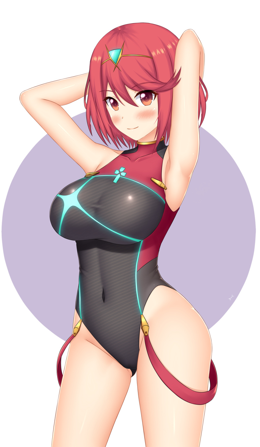 1girl armpits arms_behind_head ass_visible_through_thighs bangs black_swimsuit blush breasts collarbone covered_navel cowboy_shot eyebrows_visible_through_hair hair_between_eyes highres pyra_(xenoblade) keshigomu large_breasts looking_at_viewer one-piece_swimsuit red_eyes redhead short_hair solo swept_bangs swimsuit tiara xenoblade_(series) xenoblade_2