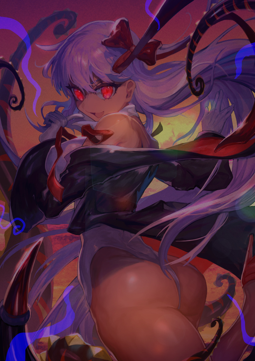 1girl ass bangs bare_shoulders bb_(fate)_(all) bb_(swimsuit_mooncancer)_(fate) black_jacket bow cowboy_shot dark_skin fang fate/grand_order fate_(series) from_behind gloves glowing glowing_eyes hair_between_eyes hair_bow high_heels highres jacket jacket_removed leg_up leotard long_hair looking_at_viewer looking_back nijimaarc ocean open_mouth outdoors purple_hair red_bow red_eyes red_footwear skin_fang smile solo standing standing_on_one_leg sunset very_long_hair violet_eyes white_gloves white_leotard