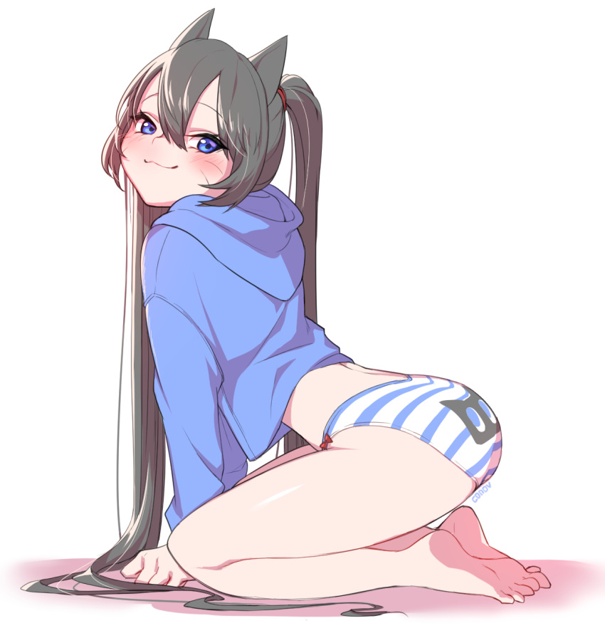 1girl :3 animal_ears animal_print arched_back arm_support artist_name ass barefoot black_hair blue_eyes blue_hoodie blush cat_ears cat_print from_side hair_between_eyes highres konbu_(hida123) konyan_(konbu) long_hair looking_at_viewer original panties seiza sitting smug striped striped_panties twintails underwear very_long_hair whisker_markings