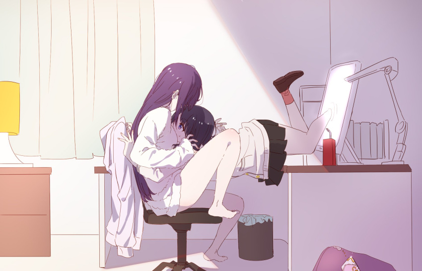 2girls bathrobe black_hair black_skirt book brown_footwear chair chest_of_drawers commentary computer curtains desk head_in_chest highres lamp lampshade legs light long_hair monitor multiple_girls on_chair purple_hair shinjou_akane shinjou_akane_(real) shirt short_hair sitting sitting_on_object skirt spoilers ssss.gridman takarada_rikka thighs through_screen trash_can usamin_(artist) violet_eyes wall white_shirt yellow_buttons yuri