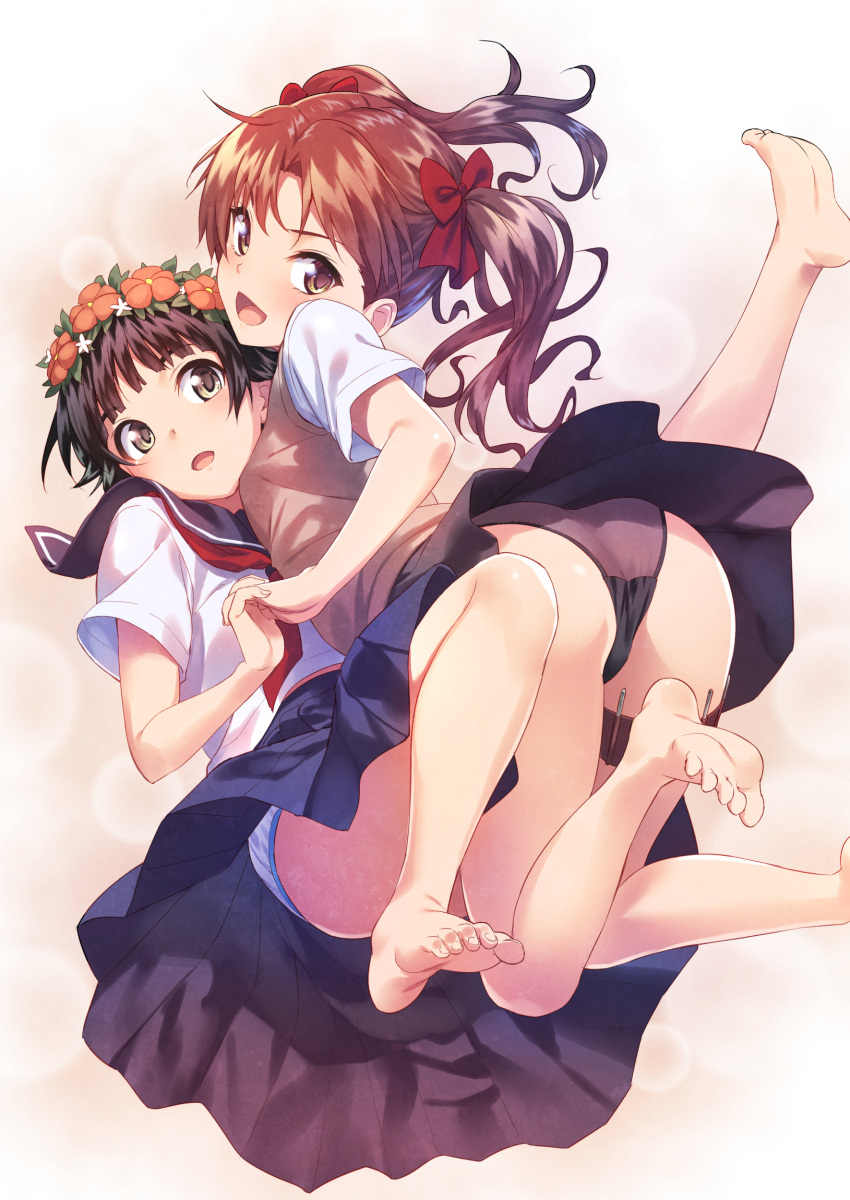 2girls absurdres armband ass barefoot black_panties blush brown_eyes brown_hair commentary feet flower hair_flower hair_ornament highres holding_hands long_hair looking_at_viewer looking_back multiple_girls needle open_mouth panties red_ribbon ribbon school_uniform shiny shiny_skin shirai_kuroko skirt striped striped_panties sweater_vest tenkuu_nozora thigh_strap to_aru_kagaku_no_railgun to_aru_majutsu_no_index toes tokiwadai_school_uniform twintails uiharu_kazari underwear yuri