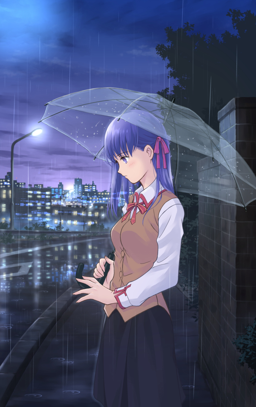 1girl akizuki565602 black_skirt brown_vest fate/stay_night fate_(series) from_side hair_ribbon highres holding holding_umbrella homurahara_academy_uniform long_hair long_sleeves looking_down matou_sakura neck_ribbon night outdoors purple_hair purple_ribbon rain red_ribbon ribbon shirt skirt solo standing transparent transparent_umbrella umbrella vest violet_eyes white_shirt