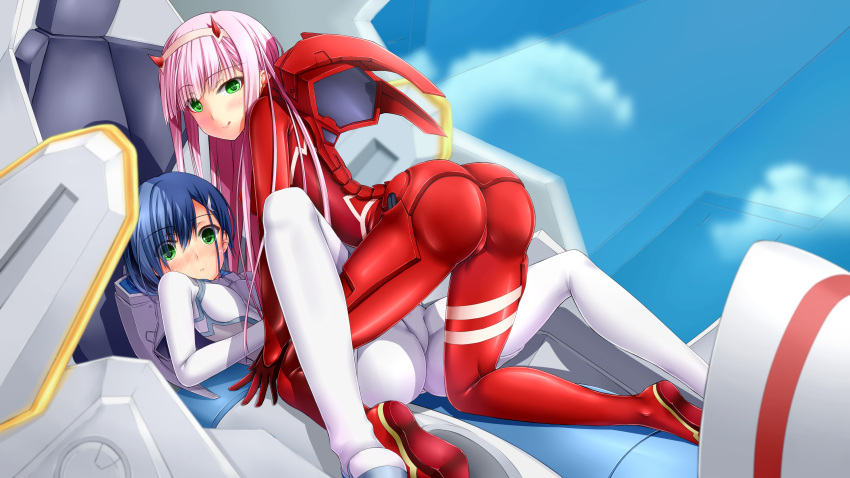 2girls absurdres all_fours arched_back ass assertive bangs between_legs blue_hair blush bodysuit breasts clouds cloudy_sky cockpit commentary darling_in_the_franxx day girl_on_top green_eyes hair_ornament hair_over_one_eye hairband hairclip highres horns ichigo_(darling_in_the_franxx) licking_lips long_hair looking_at_viewer looking_back lying multiple_girls naughty_face on_back oni_horns parted_bangs pilot_suit pink_hair red_bodysuit red_horns short_hair shouyan skin_tight sky small_breasts smile spread_legs straight_hair surprised tongue tongue_out white_bodysuit white_hairband yuri zero_two_(darling_in_the_franxx)
