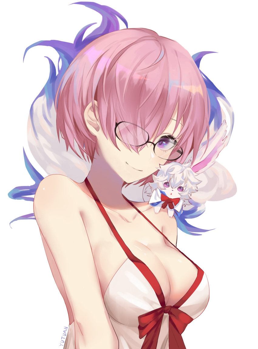 1girl absurdres animal breasts closed_mouth collarbone fate/grand_order fate_(series) fou_(fate/grand_order) glasses hair_over_one_eye highres liyuchen1126 looking_at_viewer mash_kyrielight medium_breasts pink_hair shiny shiny_hair short_hair sideboob smile swimsuit upper_body violet_eyes