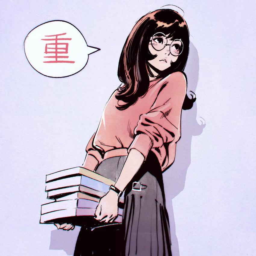 1girl book_stack brown_eyes brown_hair carrying commentary glasses highres ilya_kuvshinov long_hair original simple_background solo translated watch watch