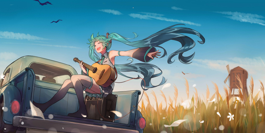 1girl absurdres acoustic_guitar amplifier bird commentary english_commentary flower ground_vehicle guitar hatsune_miku highres instrument laughing long_hair motor_vehicle muta_(csw) paper sky solo truck twintails very_long_hair vocaloid wheat_field wind windmill
