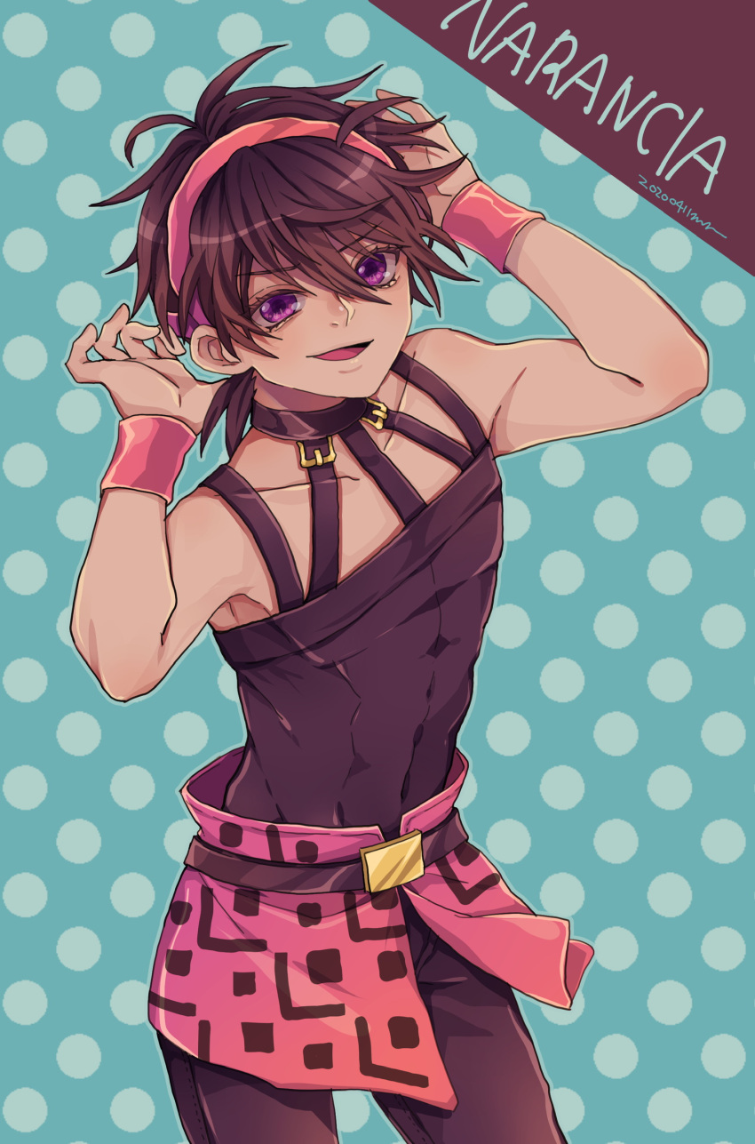 1boy abs belt black_hair buckle character_name choker collarbone hairband highres jojo_no_kimyou_na_bouken male_focus mikage_kazuki narancia_ghirga open_mouth pants pants_under_skirt shirt skirt smile solo vento_aureo violet_eyes wristband