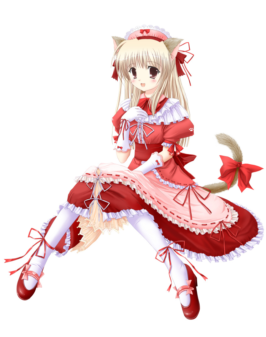 animal_ears blush brown_eyes brown_hair cat_ears dress gloves hair_ornament hair_ribbon highres long_hair mary_janes pantyhose paw_print red_shoes ribbon shoes sitting skirt tail transparent_background transparent_png