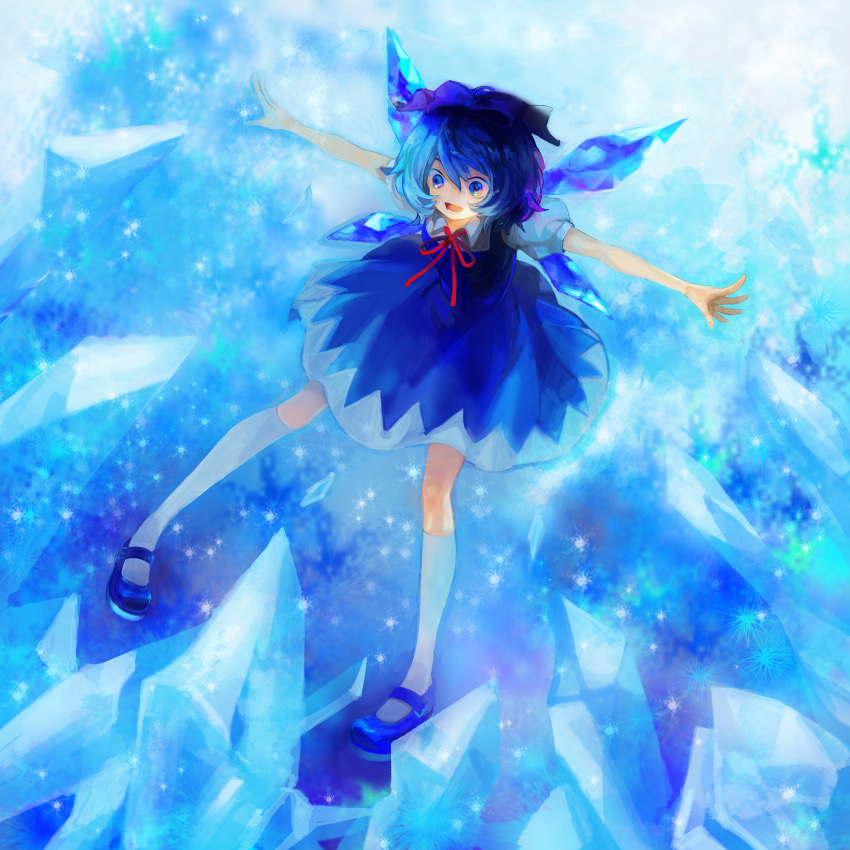 blue_hair cirno crystal highres houji ice ribbon ribbons short_hair touhou wings
