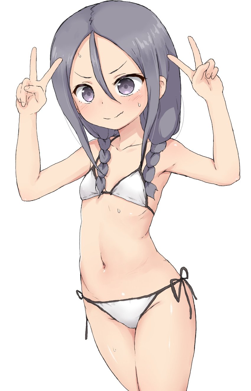 &gt;:) 1girl arms_up bangs bare_arms bare_shoulders bikini blush braid closed_mouth collarbone cowboy_shot double_v fingernails hair_between_eyes hair_over_shoulder highres long_hair looking_at_viewer low_twintails navel parted_bangs purple_hair shougi_no_yatsu side-tie_bikini simple_background smile solo soredemo_ayumu_wa_yosetekuru standing sweat swimsuit twin_braids twintails v v-shaped_eyebrows violet_eyes wavy_mouth white_background white_bikini yakihebi yaotome_urushi