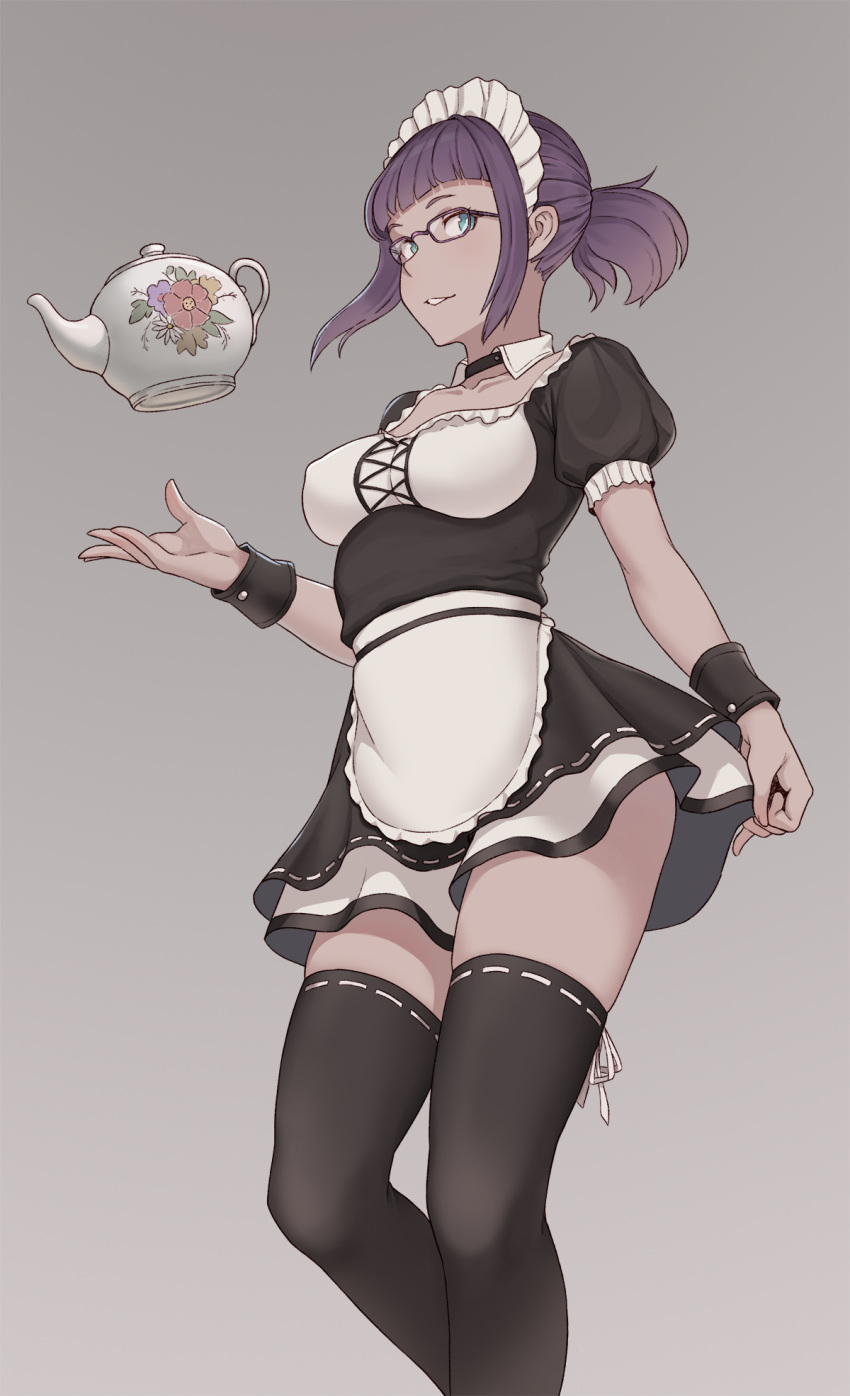 1girl alternate_costume black_legwear breasts cheshirrr dress enmaided glasses green_eyes highres looking_at_viewer maid maid_headdress menat purple_hair short_dress short_hair sidelocks simple_background small_breasts smile solo street_fighter street_fighter_v teapot thigh-highs wrist_cuffs