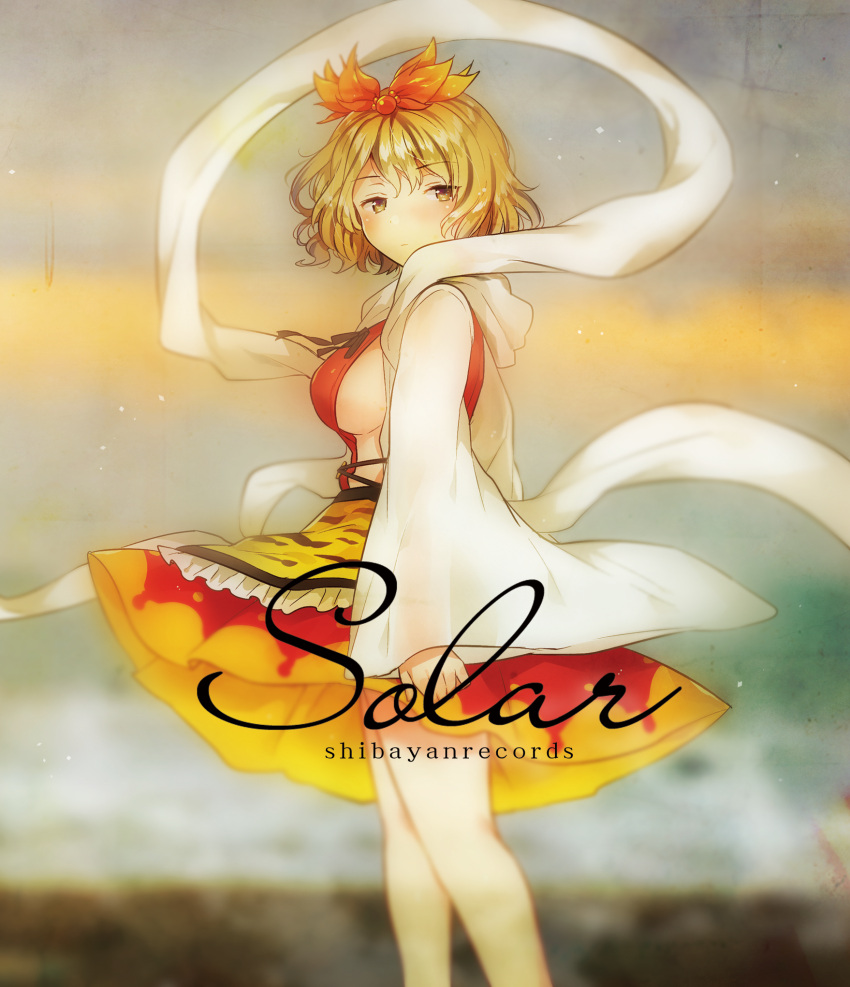1girl album_cover bare_legs blonde_hair cover expressionless hair_ornament highres ichihaya looking_back profile shawl short_hair skirt solo standing toramaru_shou touhou wide_sleeves yellow_eyes