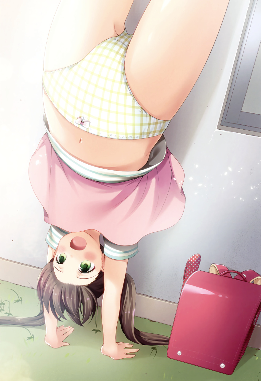 1girl absurdres ass_visible_through_thighs azuma_yuki backpack bag bangs bow bow_panties brown_hair crotch_seam day grass green_eyes green_shirt handstand highres miniskirt navel open_mouth original outdoors panties pantyshot_(upside-down) pink_skirt plaid plaid_panties randoseru shirt short_sleeves skirt skirt_flip skirt_lift smile solo striped striped_shirt thighs twintails underwear upside-down yellow_panties