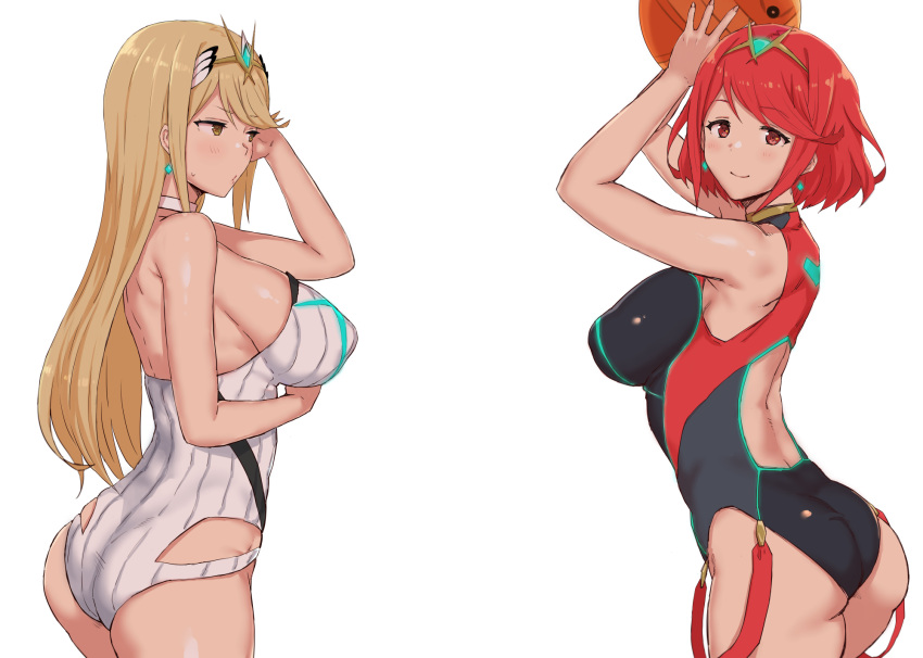 2girls arms_up ass ball bare_shoulders beachball blonde_hair blush breasts earrings eyebrows_visible_through_hair gem go-m hair_ornament highres mythra_(xenoblade) pyra_(xenoblade) jewelry large_breasts long_hair looking_at_viewer looking_back multiple_girls navel one-piece_swimsuit red_eyes redhead simple_background smile suspenders swimsuit tiara white_background xenoblade_(series) xenoblade_2 yellow_eyes