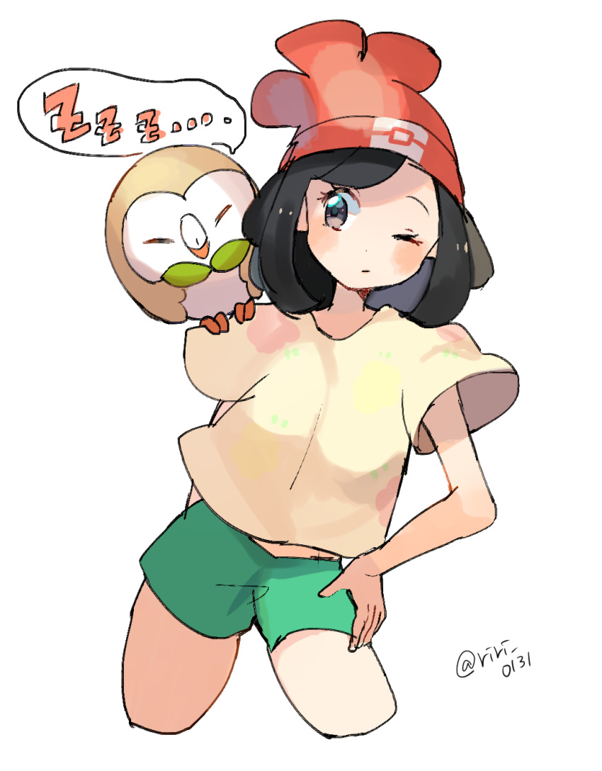 1girl artist_name bad_id bad_pixiv_id beanie bird black_eyes black_hair blush closed_mouth cropped_legs floral_print gen_7_pokemon green_shorts hand_on_hip hat highres looking_to_the_side mizuki_(pokemon) one_eye_closed owl pokemon pokemon_(creature) pokemon_(game) pokemon_on_shoulder pokemon_sm ririmon rowlet shirt short_hair short_shorts short_sleeves shorts signature simple_background sleeping speech_bubble standing twitter_username white_background yellow_shirt zzz