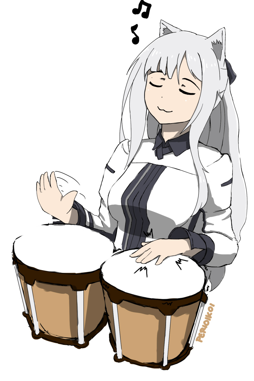 1girl :3 ak-12_(girls_frontline) animal_ears bongo_cat bongo_drums cat_ears closed_eyes girls_frontline highres instrument long_hair meme musical_note perioikoi silver_hair simple_background smile solo uniform