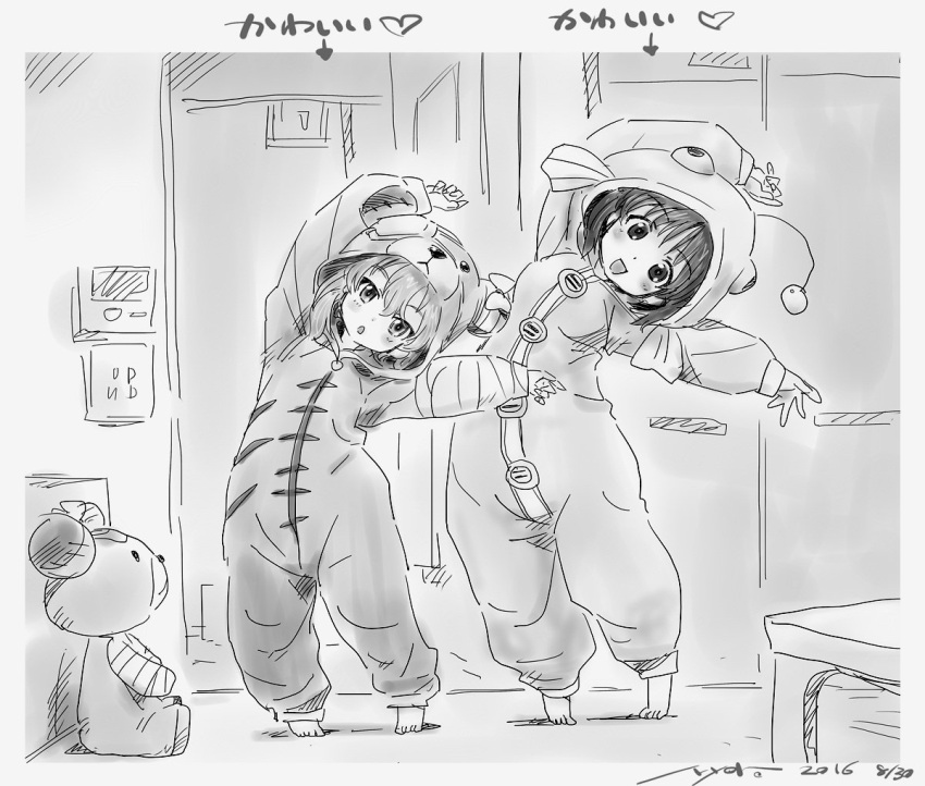 2girls :d anglerfish animal_costume arms_up artist_name barefoot bear_costume bear_hood boko_(girls_und_panzer) chestnut_mouth commentary dated eyebrows_visible_through_hair fish_costume fish_hood girls_und_panzer greyscale indoors leaning_to_the_side looking_at_viewer monochrome multiple_girls nishizumi_miho nyororiso_(muyaa) onesie open_mouth pajamas shimada_arisu short_hair signature sketch smile standing stretch stuffed_animal stuffed_toy teddy_bear tiptoes translated
