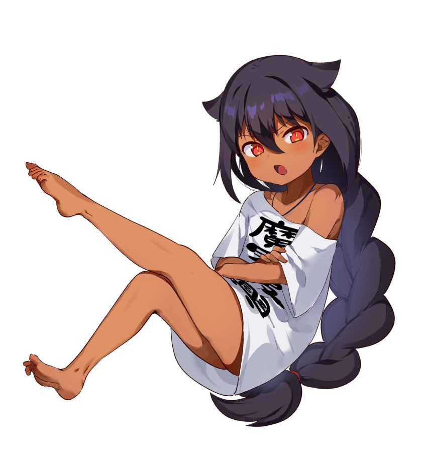 1girl :o black_hair braid commentary_request crossed_arms dark_skin full_body hair_flaps highres jahy jahy_sama_wa_kujikenai konbu_wakame long_hair naked_shirt off_shoulder open_mouth oversized_clothes red_eyes shirt short_sleeves simple_background single_braid t-shirt v-shaped_eyebrows very_long_hair white_background white_shirt