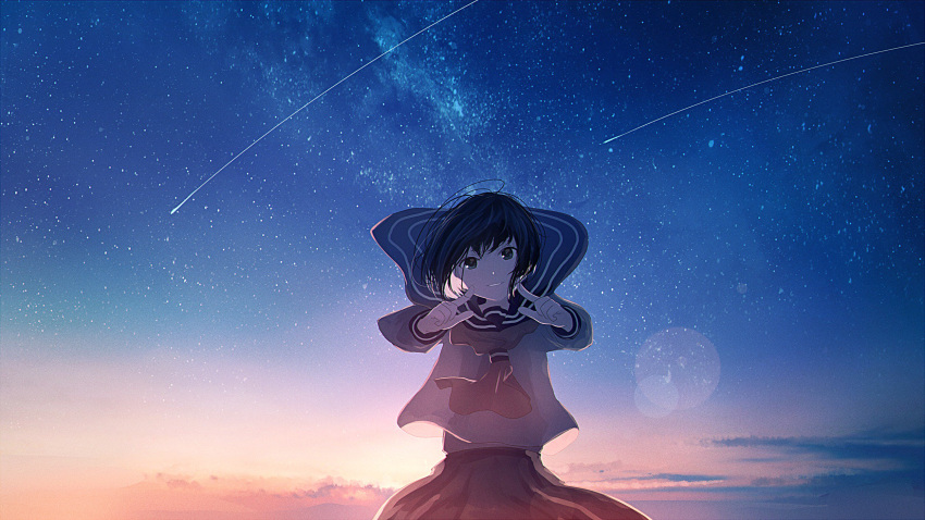 1girl bangs bob_cut commentary_request highres long_sleeves looking_at_viewer messy_hair mifuru neckerchief outdoors outstretched_arms pointing pointing_at_viewer sailor_collar sailor_collar_lift school_uniform serafuku shooting_star short_hair skirt sky smile solo star_(sky) starry_sky wind