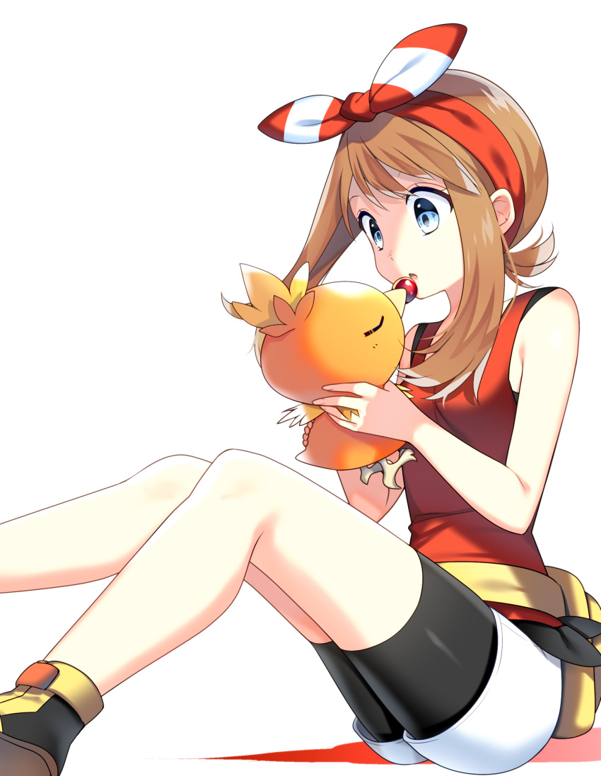 1girl absurdres bike_shorts black_shorts blue_eyes bow brown_hair hair_bow hairband haruka_(pokemon) highres holding holding_pokemon long_hair open_mouth pokemon pokemon_(creature) pokemon_(game) pokemon_oras red_hairband red_shirt shirt short_shorts shorts shorts_under_shorts simple_background sitting sleeveless sleeveless_shirt solo striped striped_bow torchic white_background white_shorts yuihiko