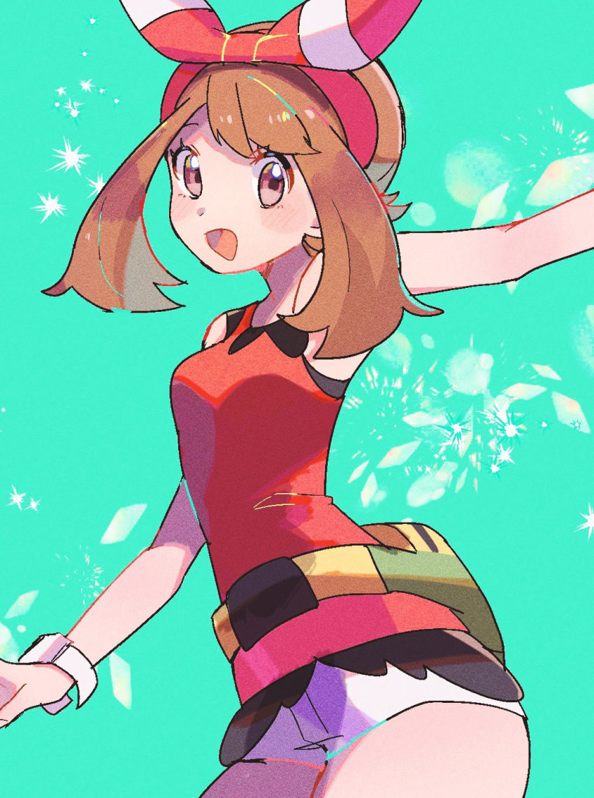 1girl arm_up bad_id bad_pixiv_id bag bangs bare_shoulders blush blush_stickers breasts brown_eyes brown_hair cowboy_shot fanny_pack green_background happy haruka_(pokemon) highres looking_at_viewer medium_breasts medium_hair open_mouth outstretched_arm pokemon pokemon_(game) pokemon_oras red_shirt ririmon shirt short_shorts shorts simple_background sleeveless sleeveless_shirt smile solo sparkle standing watch watch white_shorts